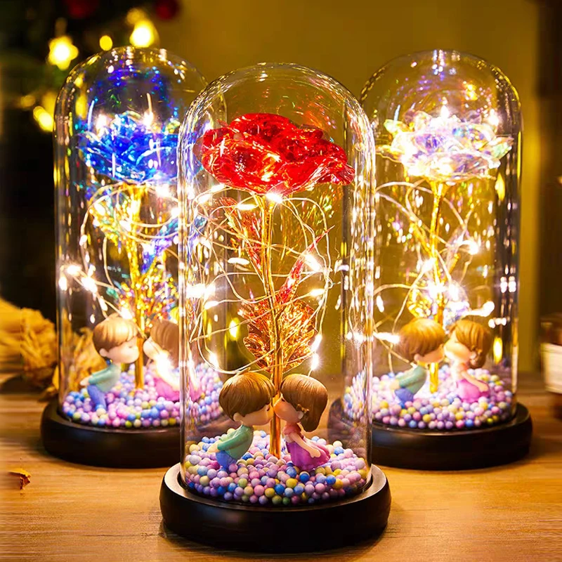 

Eternal Rose Simulation Small Ornaments Flower Doll Couple Glass Lampshade Qixi Birthday Gift Small Night Lamp Ornaments