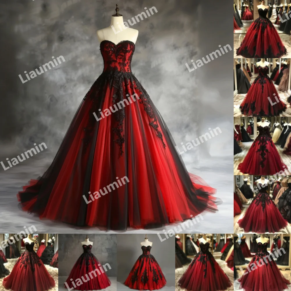 Tulle rosso pizzo nero Applique abito da ballo senza spalline lunghezza intera Prom abiti da cerimonia abiti da sera con lacci sul retro A3-4.6