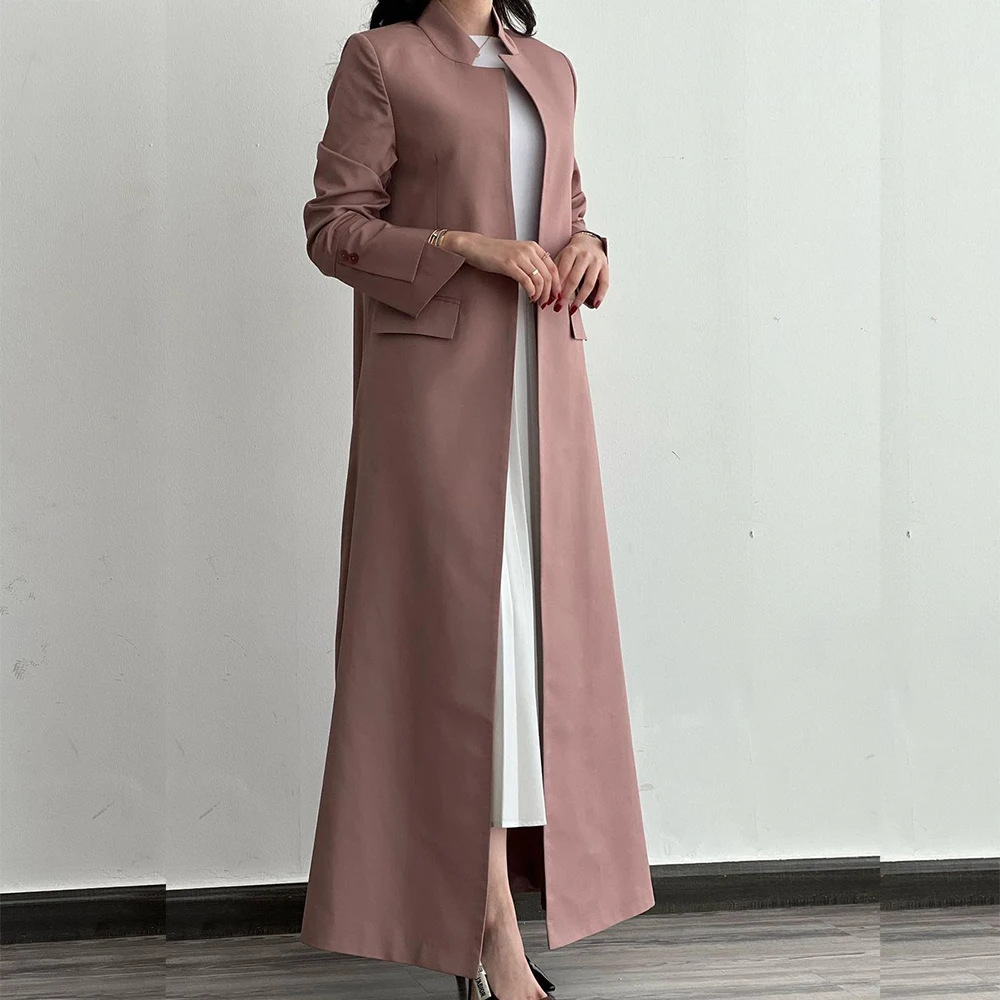 Luxury Dubai Muslim Women\'s Jacket Blazer Solid Color Stand Lapel Single Breasted Long Coat 1 Piece Formal Office Lady Outerwear