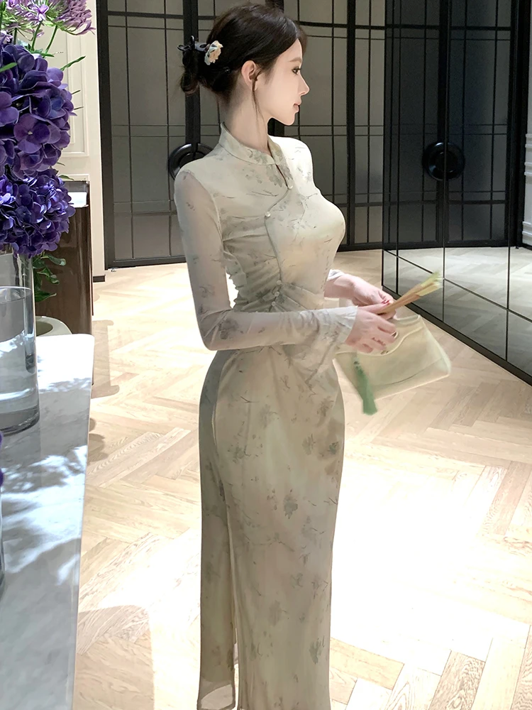 Women Print Mesh Beading Stand Collar Long Dress 2025 Korean Vintage Luxury Evening Dress Autumn Winter Elegant Bodycon Vestidos