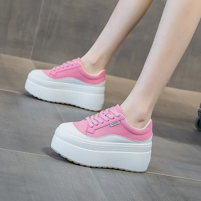 8cm New Canvas Genuine Leather Women Pink Fashion Sneakers Platform Shoes Wedge Hidden Heel Ladies Summer Mixed Color Vulcanize