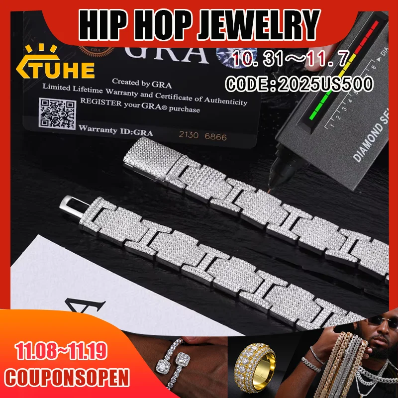 

TUHE Высокое качество унисекс VVS1 D Цвет Муассанит Цепочка для часов Кубинский браслет-цепочка S925 Серебро для мужчин Хип-хоп Ювелирные изделия