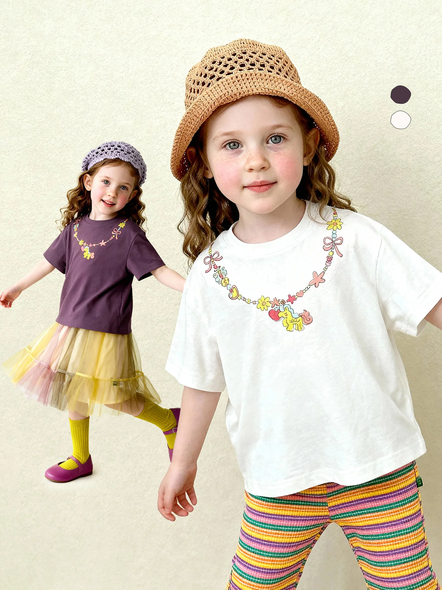 Amila 2026 Summer New Children's T-Shirt Fun Necklace Printed Loose Shoulder Version Sweet Trendy Casual Top