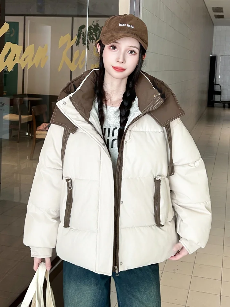 

Korean Fashion Contrast Color Hooded Cotton Coat New Women's Loose Versatile Thicken Puffer Jacket Winter Warm Bread Outerwear