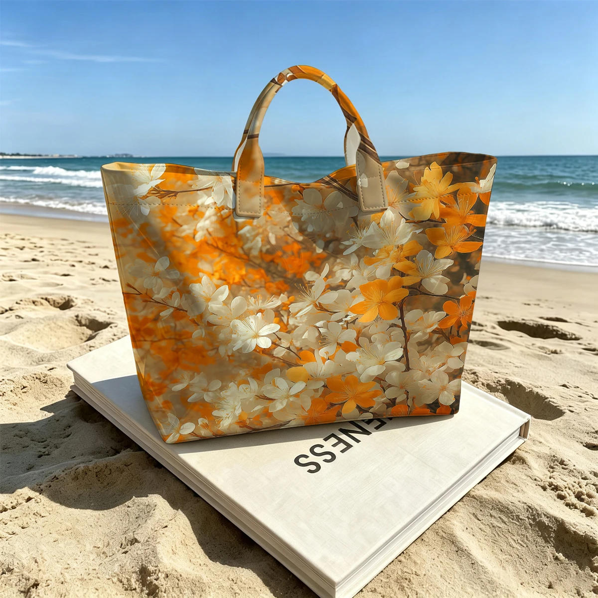 Golden Blossoms Stylish Large Glossy PVC Tote Bag Washable Waterproof Durable Ideal for Travel Commute Cosmetics Books Handbags