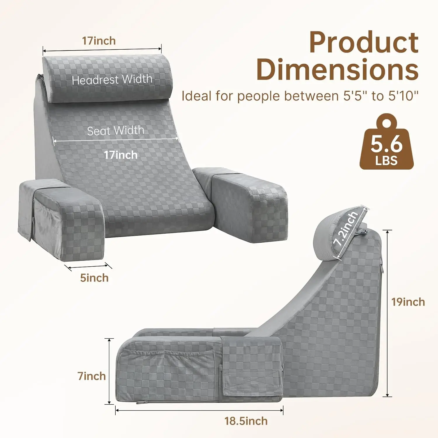 Reading Pillow for Adults Ergonomic 45° Wedge Back Support Chair for Sitting in Bed Pockets for Working Gaming Relaxing Recovery