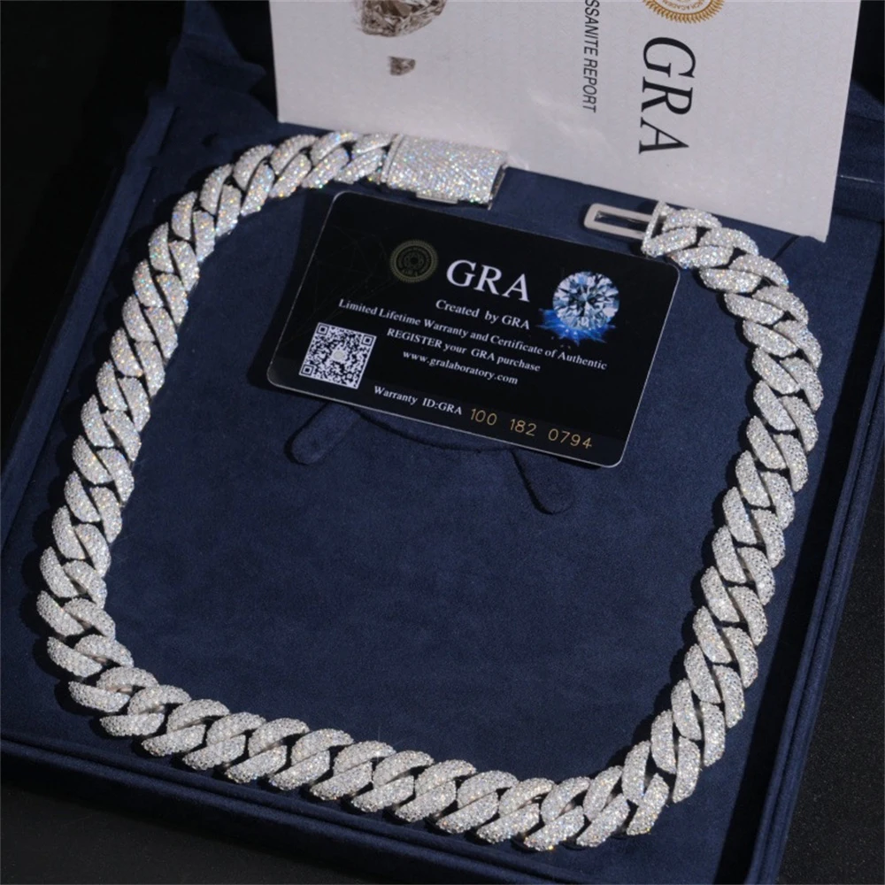 16mm Icedminer 3 Rows Moissanite Diamonds Cuban Link Chain Iced Out Necklaces For Men Women S925 Silver Choker Pass Tester GRA