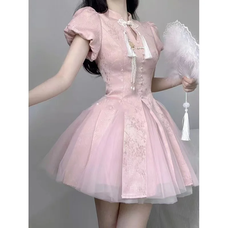 Puff Sleeve High Waist Graduation Party Shining Tulle Pearl Dress Woman Short Evening Dress Above Knee Mini Prom Dress Women