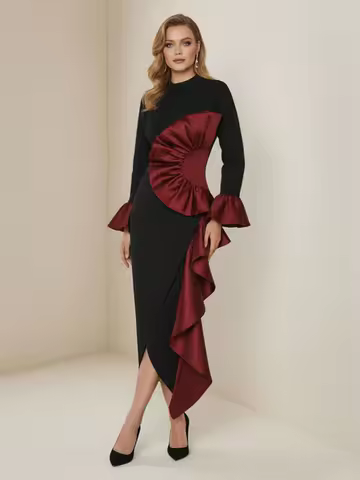 Freeacy Women's Black Red Ruffled Dress High Neck Long Sleeves High Waist Slim Fit Midi Dress Female Elegant Evening Dresses