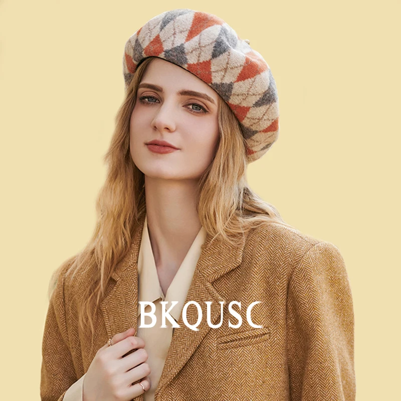 Pure Wool Orange Check Women's Beret Elegant Classic Prismatic Wool Pumpkin Berets Lady Artist Winter Warm Vintage Cashmere Caps