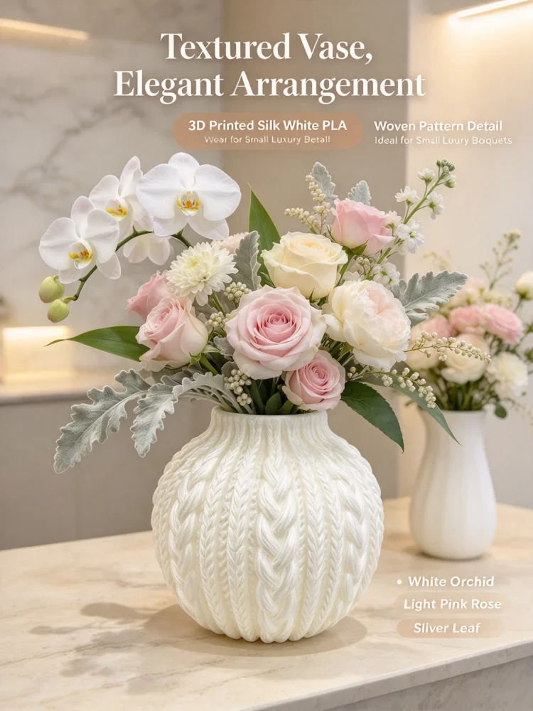 Creative Cable-Knit Texture White Vase, 3D Printed Drum-Shaped Mini Desktop Flower Vessel, Unique Knit Design with Outstanding Appearance and High-Quality Texture, Creamy White Color Scheme, Versatile and Practical, Can Be Used for Flower Arrangements or as a Decorative Piece, Multi-Purpose, Suitable for Various Home Settings and Decor Styles, Ideal as a Housewarming Gift or Holiday Souvenir, a Thoughtful and Practical Home Item, Perfect for Friends Who Like Soft Home Decor, and a Great Gift for Friends Who Like Soft Decor