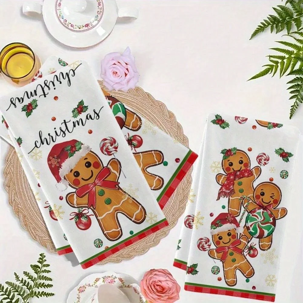 2pcs Christmas Gingerbread for Man Kitchen Towels - 40x60cm Festive Santa Hat & Scarf Design,Durable Dishcloths for Holiday