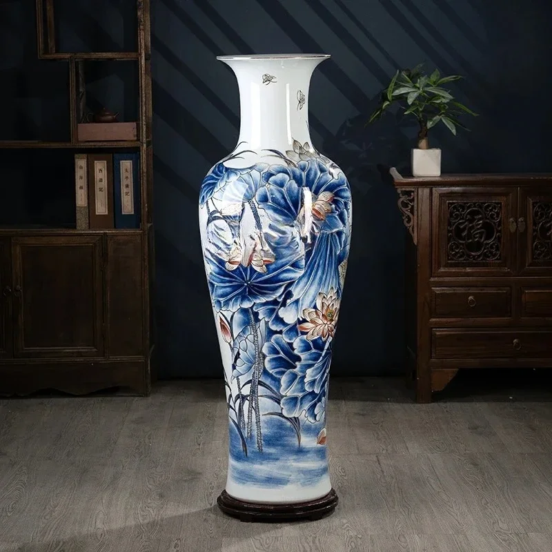 High-end hand-painted gold-painted ceramic floor-to-ceiling large vase Jingdezhen living room hotel villa Chinese-style ornament