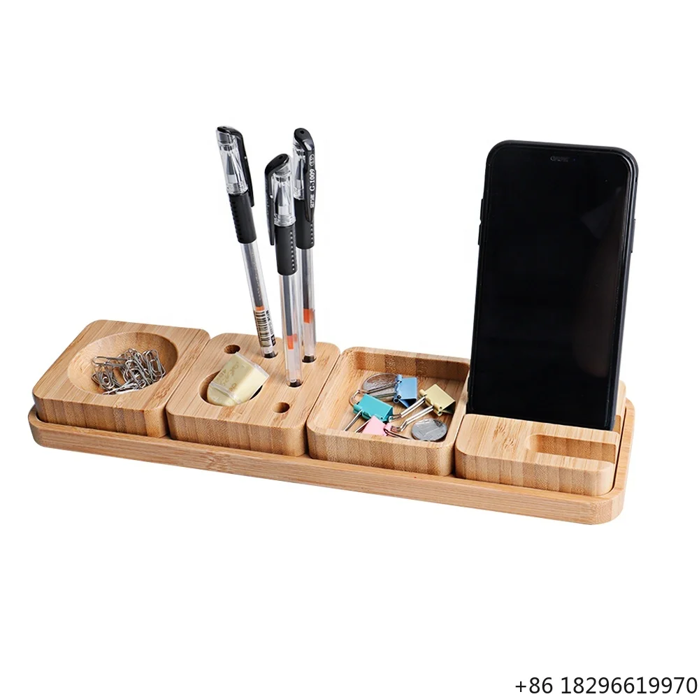 New Design Custom Home Table Desktop Storage Tray Bamboo Wood Multi-purpose Office Desk Organizer Set