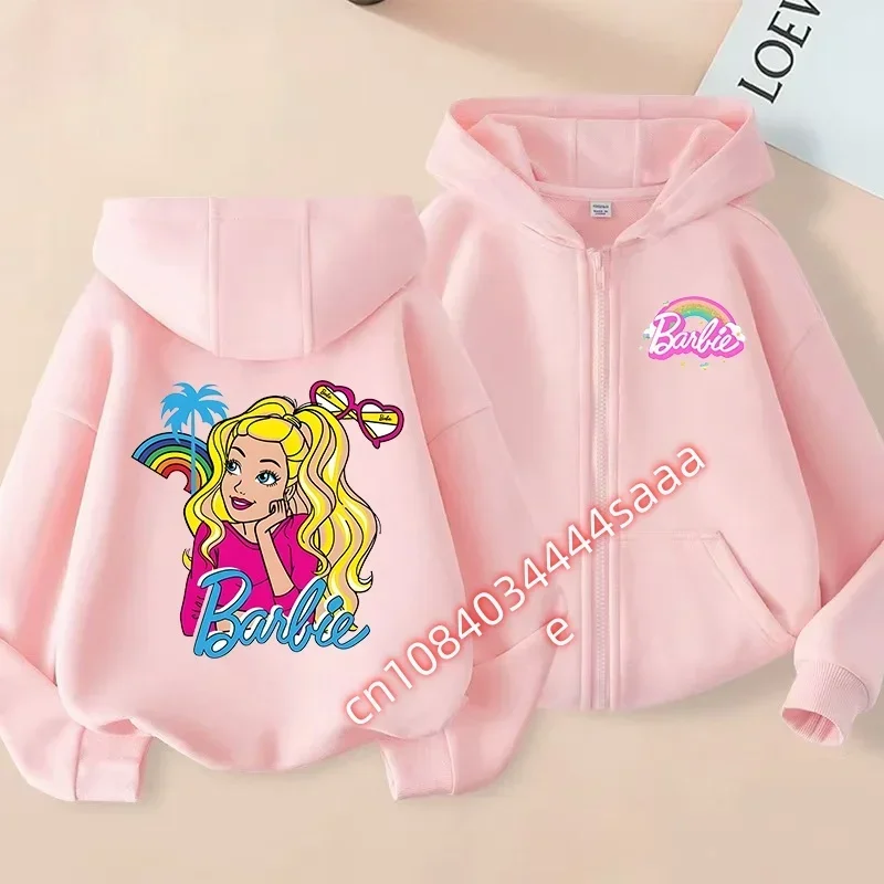 Barbie Printed Zip-Up Hoodie for Kids 2026 Streetwear Casual Sweatshirt Boys And Girls Comfortable Street Style Top