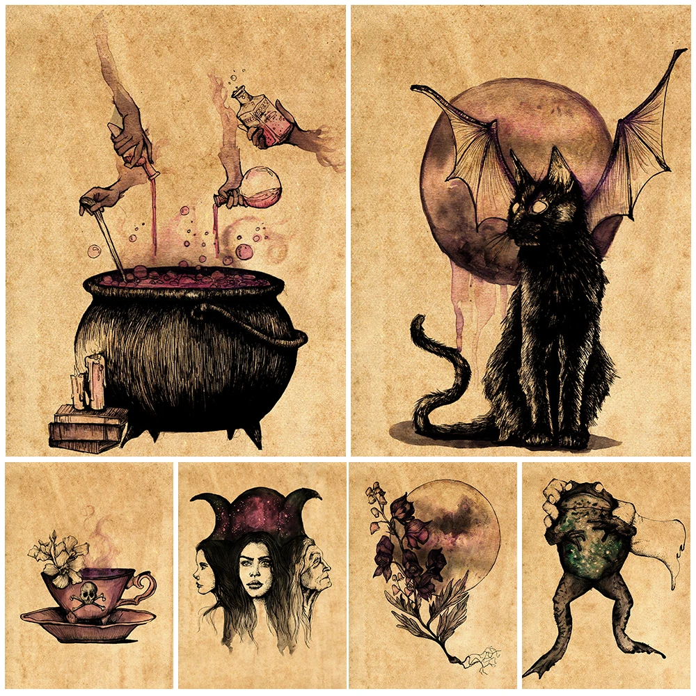 Poison Tea Of The Witch Vintage Wall Art Canvas Painting Bat Cat And Apothecary Art Poster And Print Home Decoration Unframed