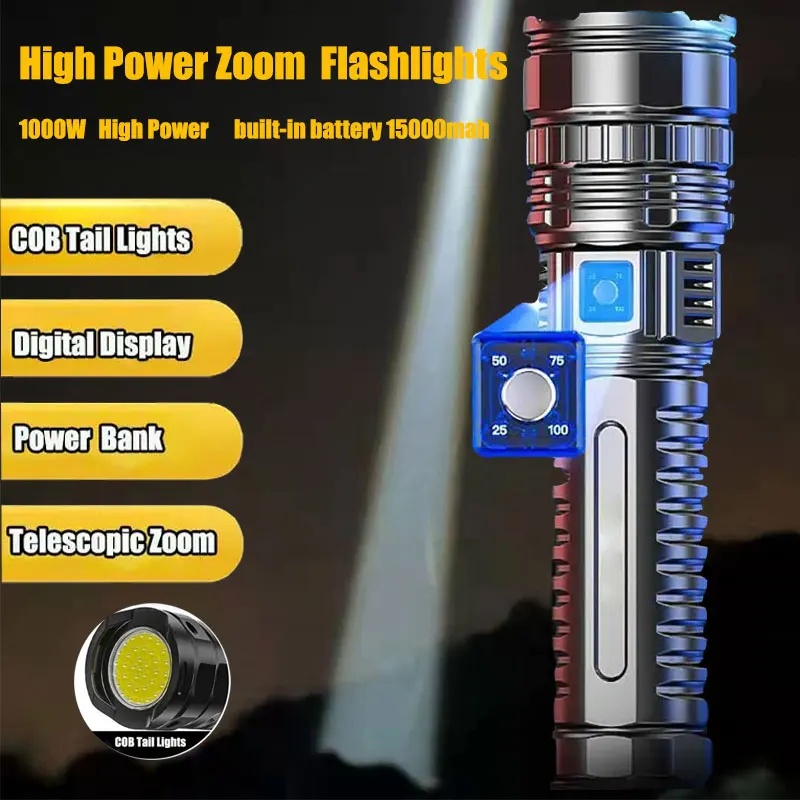 

15000mah Built-in Battery 1500W Most Powerful Led Flashlights Tactical Flash Light Emergency Spotlights 4km Holiday Gifts