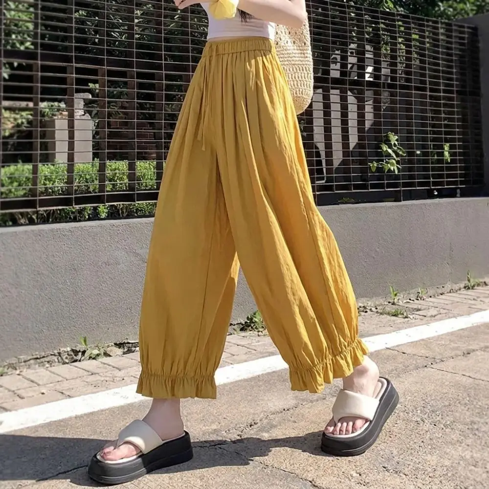 Elastic Waistband Wide Leg Pants Flowy Drape Lightweight High Waist Trousers Loose Fit Tiered Seam Women Summer High Waist