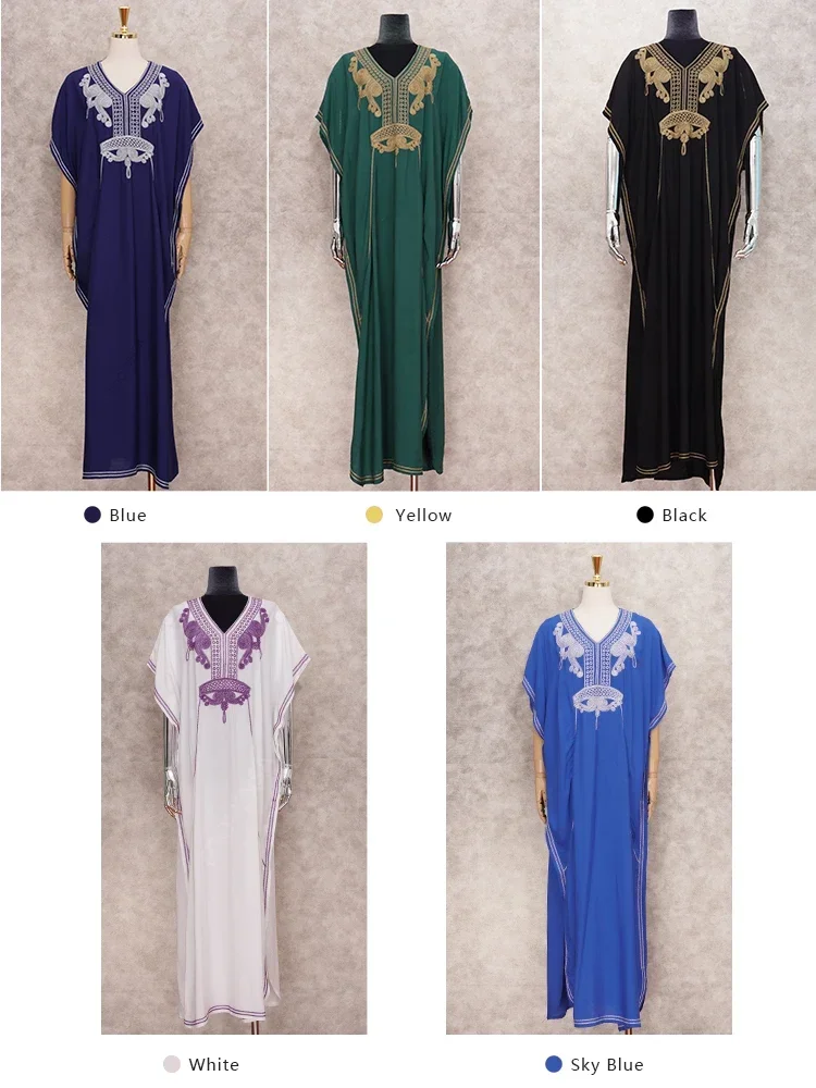 2024 Vintage Embroidery Kaftan Sexy V-neck Batwing Sleeve High Waist Maxi Dress Tunic Women Clothing Summer Beach Dresses Q660