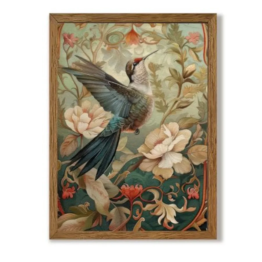 Vintage Floral Canvas Wall Art 16x24 in Wood frame, Birds art prints, Boho floral wall decor​, Ready to hang, Cottagecore, ​for