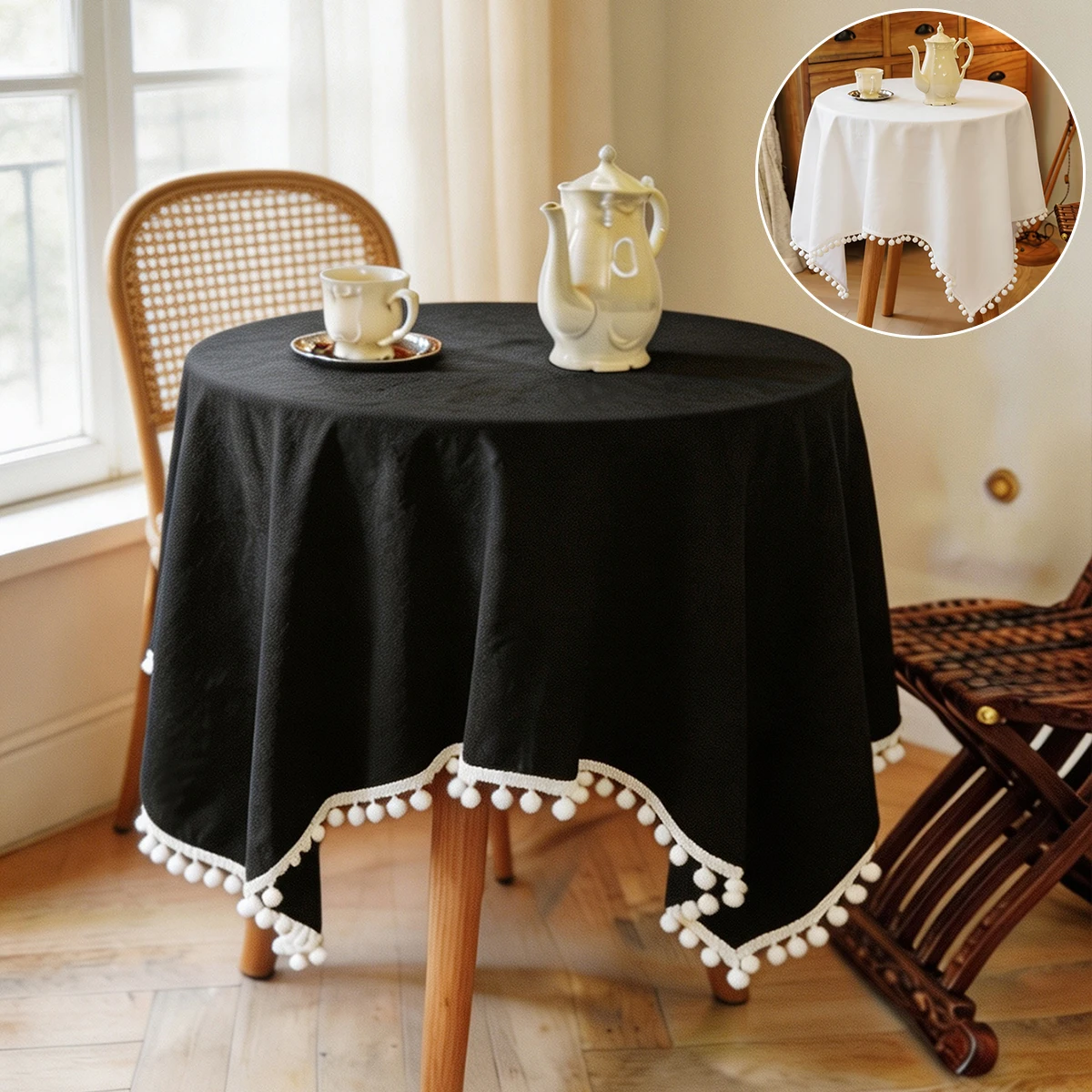 1Pc Simple Solid Color Fur Ball Lace Tablecloth Washable Table Linen, Suitable for Home Afternoon Tea Balcony Party Restaurant