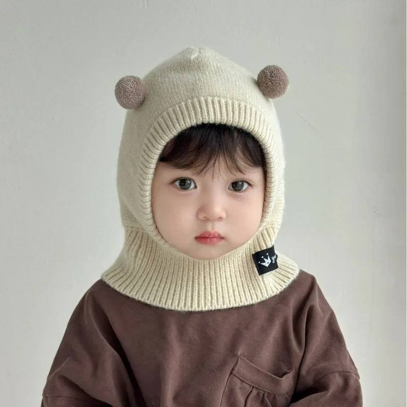 

0-12 M Newborn Warm Knitted Hat with Neck Proection Cute Cartoon Scarf Integrated Cap Toddler Fall Winter Sweet Infant Beanie