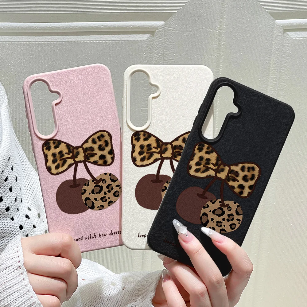 Leopardenmuster Kirschleder Handyhülle für Samsung A56 5G A16 A17 A55 A36 A53 A35 A34 A06 A07 A26 S25 Ultra S24 FE S23 Cover