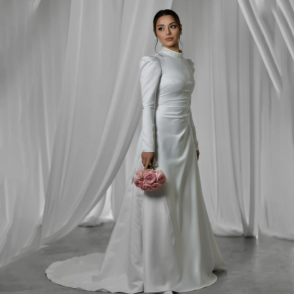 

Fashion Wedding Dresses Off Shoulder Long Sleeve Brides Dress Mermaid Satin Garden Beach Bridal Gown Customized robe de mariée