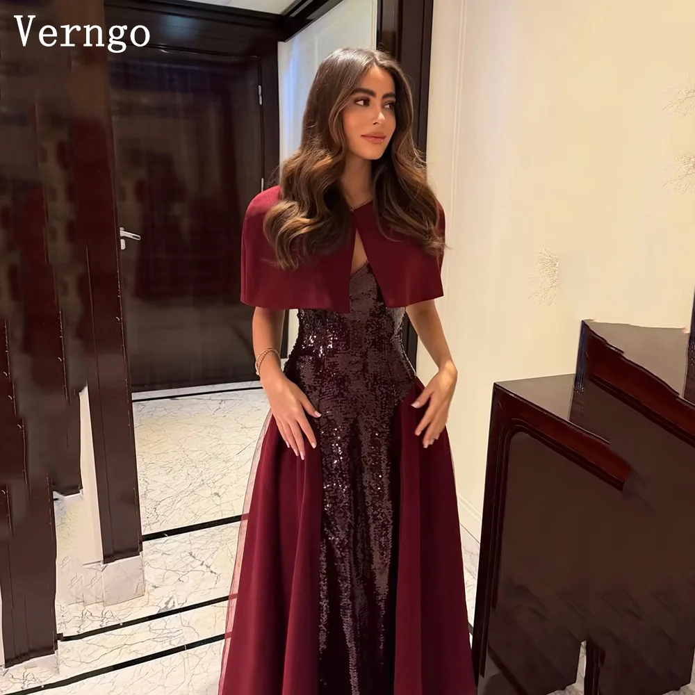 

Verngo Elegant Burgundy Crepe Evening Dress Shawl Sequined Arabia Prom Dresses Maxi Lace Up Prom Gowns Customized
