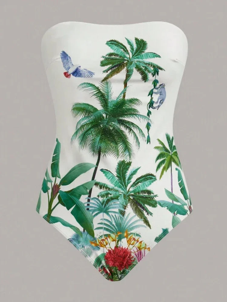 طقم ملابس سباحة قطعة واحدة مطبوع عليه الغابة الاستوائية لعام 2026 مع تنورة ملفوفة بدلة استحمام نسائية وتستر فستان صيفي بدلة سباحة