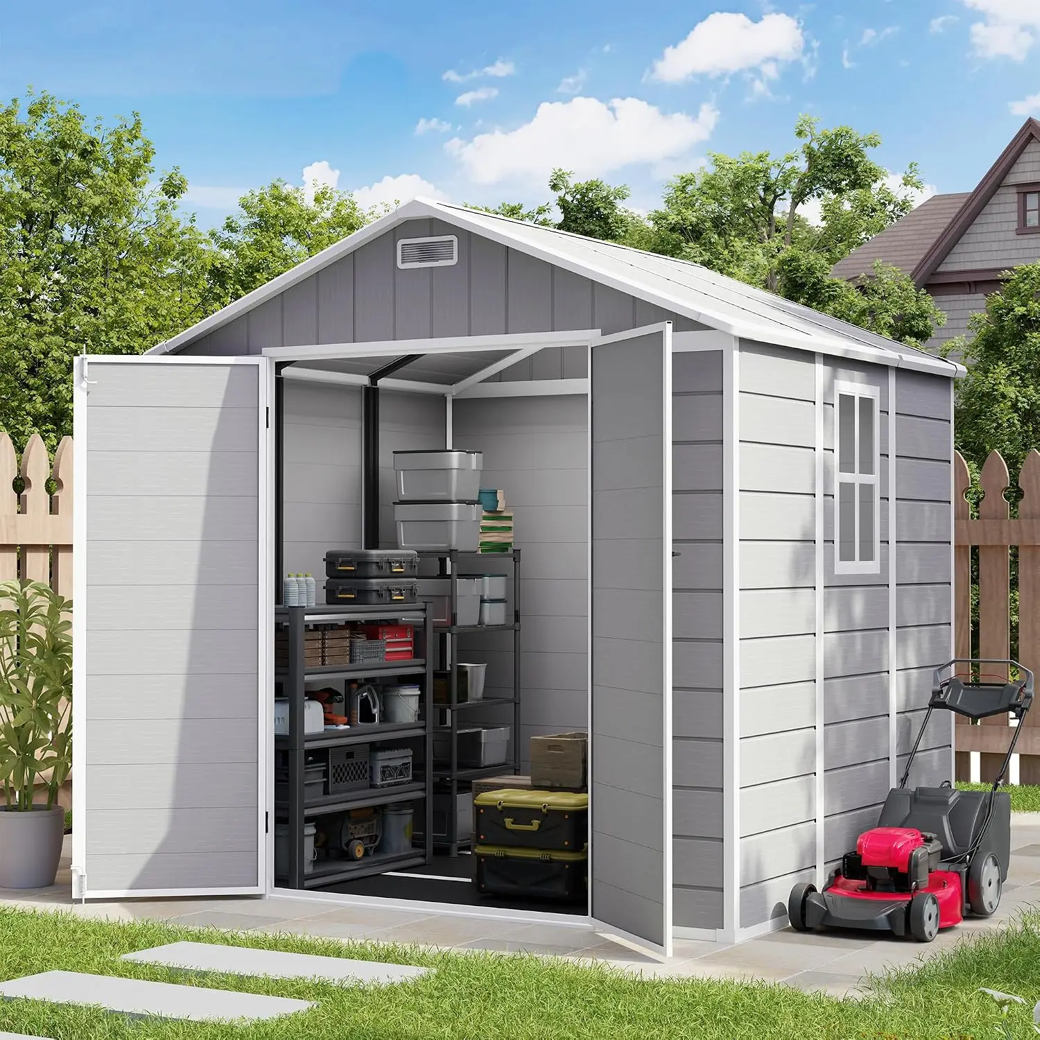 8x6 FT Resin Outdoor Storage Shed, Plastic Garden Tool & Bike Shed, Lockable Door Window Vents, Grey & White, Customized