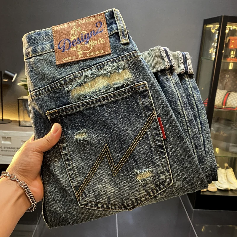 

American High-End Trendy Ripped Patch Jeans Men's Loose Straight Cool Casual Autumn New Long Pants