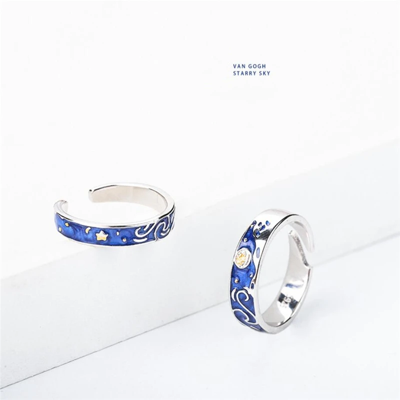 Sole Memory Van Gogh Starry Sky 925 Sterling Silver Fine Female Romantic Couple Resizable Opening Ring For Women Gift RI519