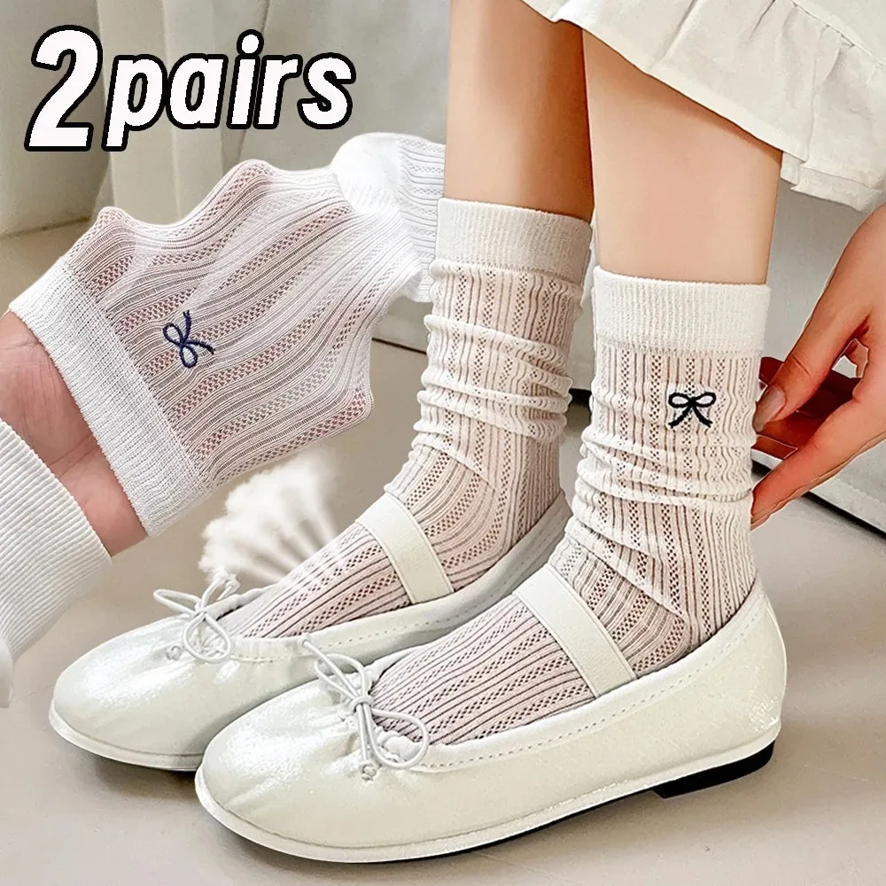 

1/2pairs Korean Bow Mid Length Socks for Women Girls Summer Thin Cotton Mesh Solid Color Calf Sock Soft Comfortable Middle Socks