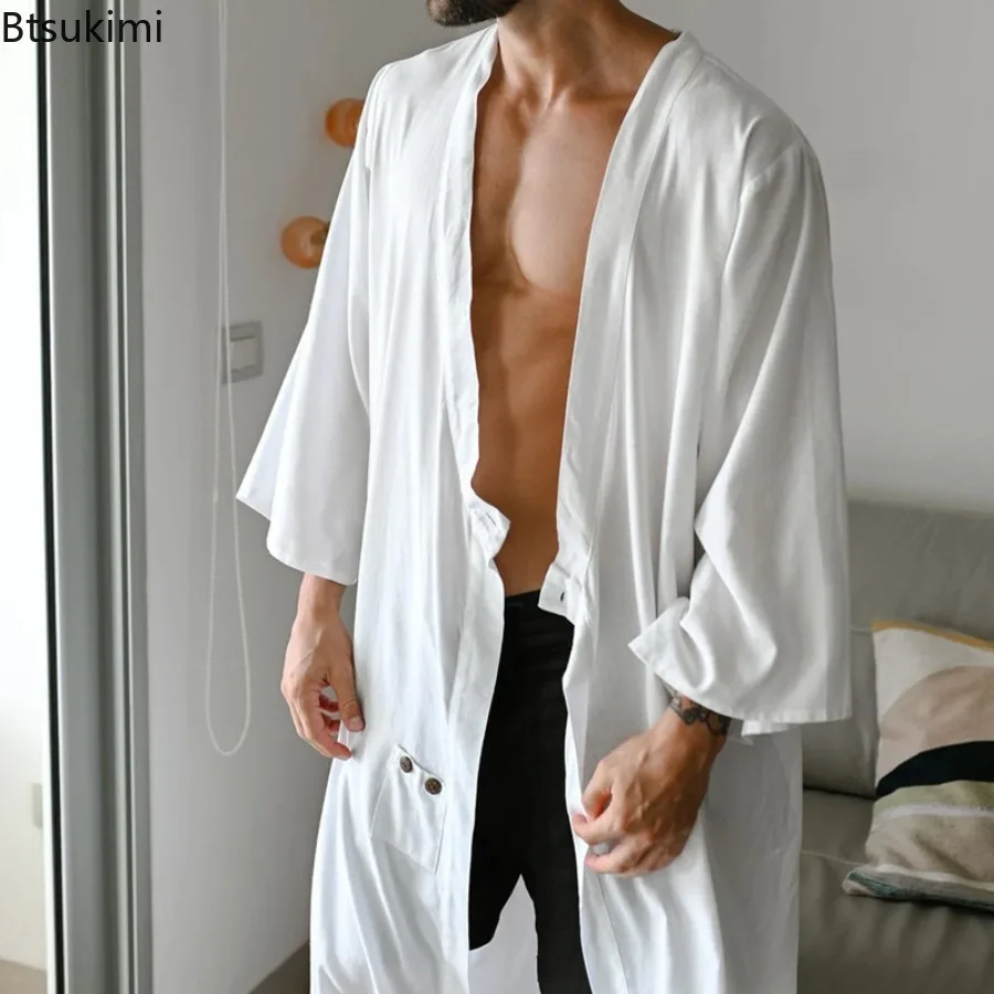 

2026 Vintage Baggy Long Cloak Robe Men's Summer Leisure Solid Buttoned Hooded Cover-up Top Men Fashion Open Stitch Long Cardigan