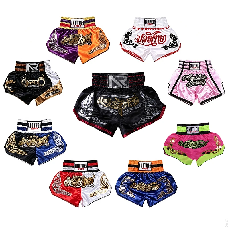 Muay Thai Shorts Mehrfarbige Thai-Boxshorts für Männer, Frauen, Kinder Kampfsport MMA Training Wettkampf Kickboxhose Schwarz