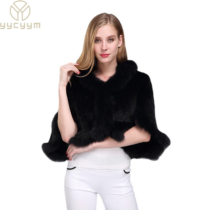 

Lady Luxury Knitted Mink Fur Shawl Fashion Warm Natural Real Mink Fur Shawl Coat Women Casual Cardigan Cape With Fox Fur Collar