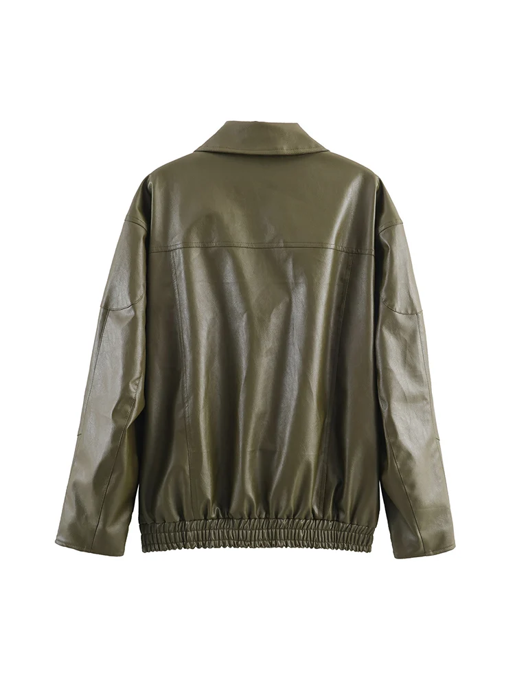 Chaqueta de cuero de imitación de PU de manga larga con solapa informal holgada y versátil a la moda para mujer de estilo europeo