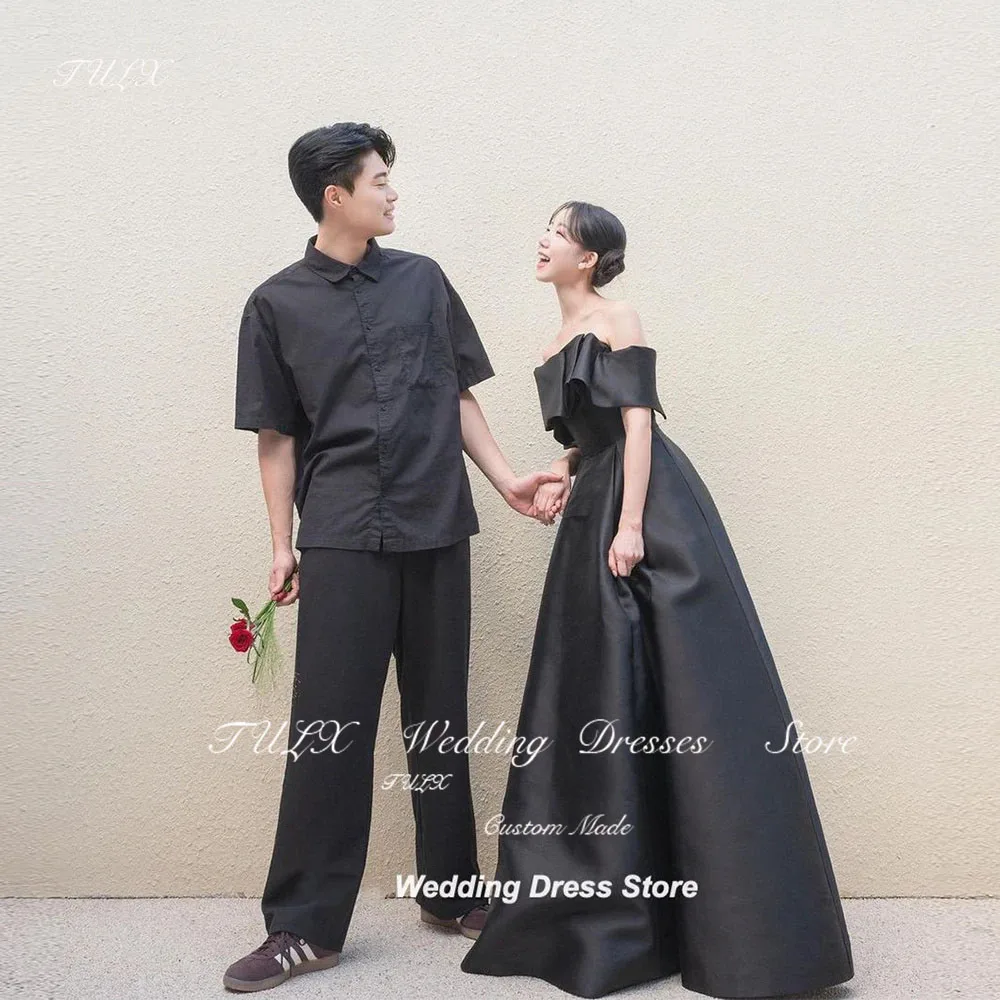 

TULX Simple Off Shoulder Wedding Dress Korea Photoshoot A Line Satin Black Long Bridal Gown Short Sleeve Evening Party Dresses