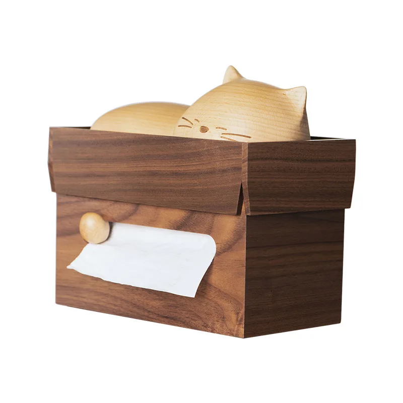 Sleeping Cat Wood Tissue Box Side Pumping Cartoon Cute Living Room Dining Table Pumping Carton Desktop Storage Toilet Paper