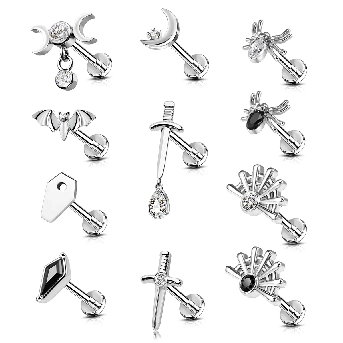 1pc Stainless Steel Rhinestone Lip Stud Nail Crescent Pendant Cross Spider Fan Cartilage Ear Nail Tragus Piercing Jewelry