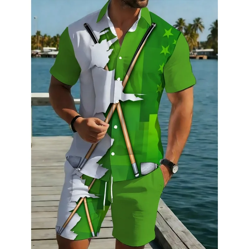 Men's Lightweight Casual Green White Polyester Shirt & Pants Set Star & Golf Club Printed Multi-occasion Wear