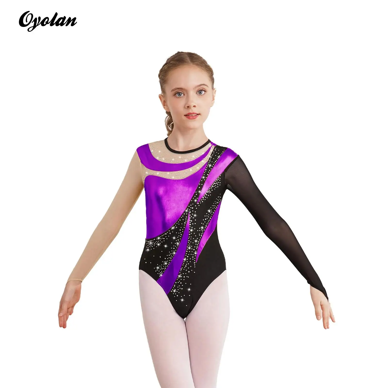 

Gymnastic Leotard Bodysuit Children Dancing Jumpsuit for figure skating Long Sleeve Shiny Ballet Tutu Figure Skating Costume