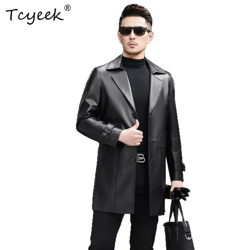 

Tcyeek из овчины, весна-осень, модный костюм с воротником, черная мужская куртка средней длины из натуральной кожи Jaquetas Masculino 가죽자켓