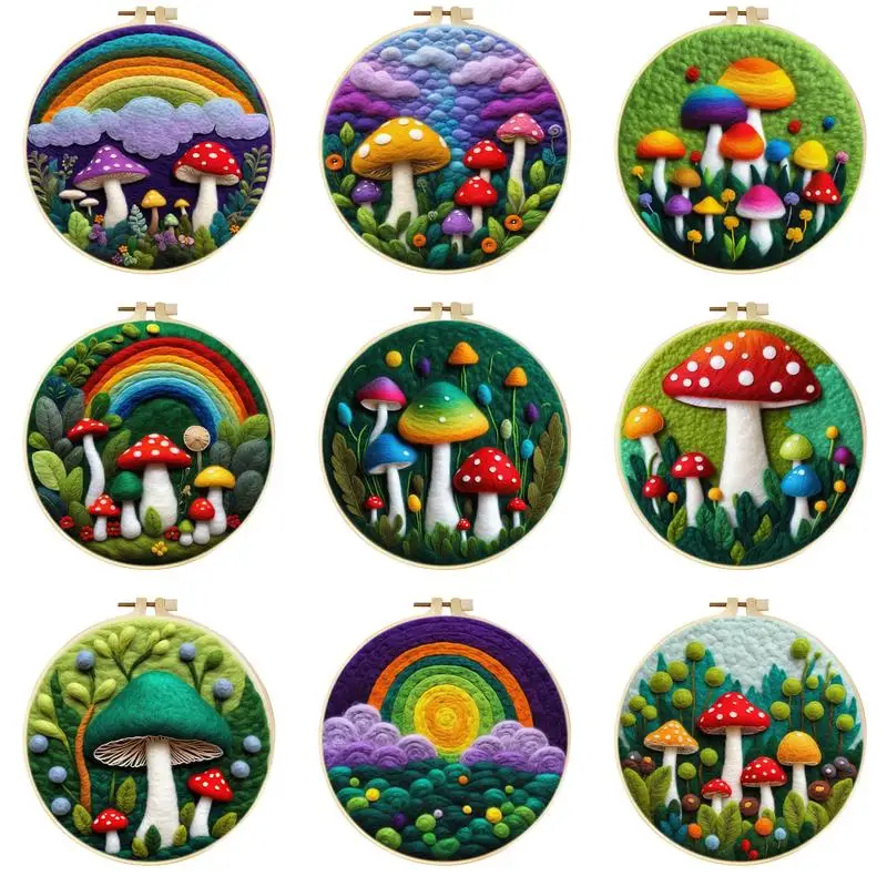 Mushroom Wool Felting Painting Kit Needles Tool With Felting Needles Tool Foam Felt Cloth With Embroidery Frame Diy Gift