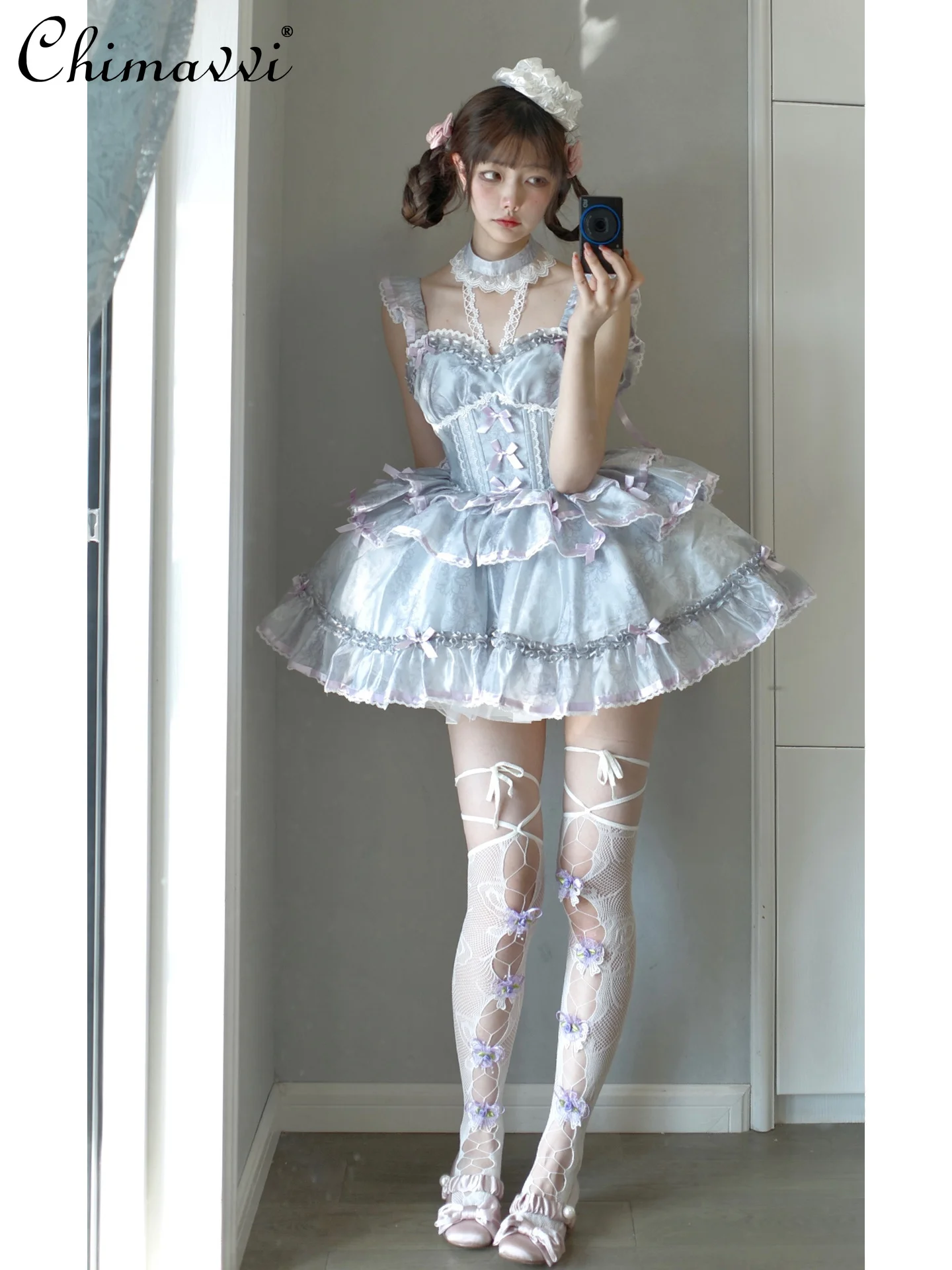 

Grey Purple Ballet Style Lolita Dresses Women New 2024 Summer Girl JSK Sweet Bow High-waist Short Ball Gown Princess Dresses