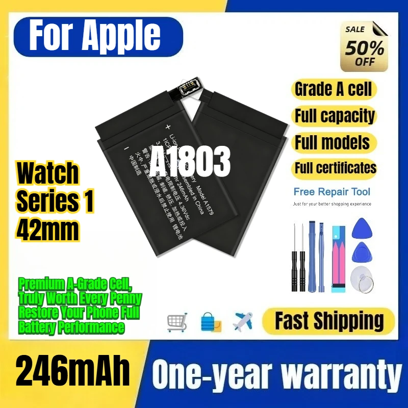 Bateria A1803 para Apple Watch Series 1 42mm, 0 Ciclos, Alta Qualidade, Alta Capacidade, Bateria de Substituição de Grau A com Ferramentas
