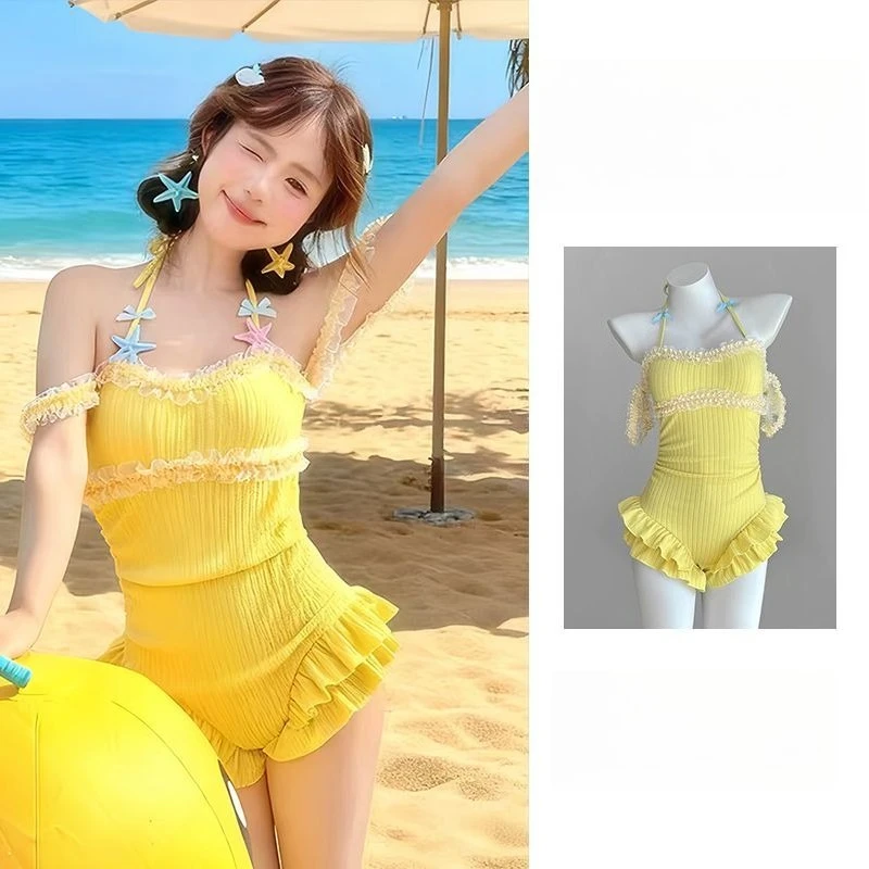 

2026 Summer Sweet Kawaii Swimsuits One Piece Women Yellow Ruffle Trim Star Decor Off Shoulder Ruffle Hem Swimwear Beach Outfits
