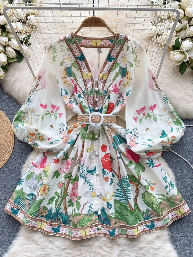 

2024 New Women Short Vintage Party Dress Female Palace Attire V Neck Long Sleeve Printed Dresses Woman Elegant Holiday Vestidos