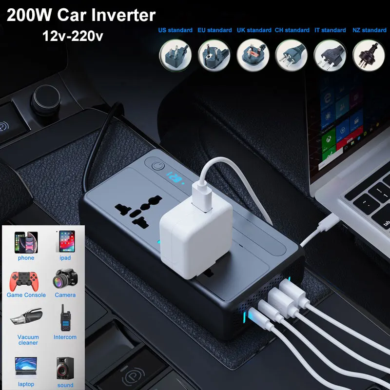 

200W Car Power Inverter DC12V-AC220V US EU UK AU Universal Socket Plug PD Fast Charging Simulated Sine Wave Voltage Inverters